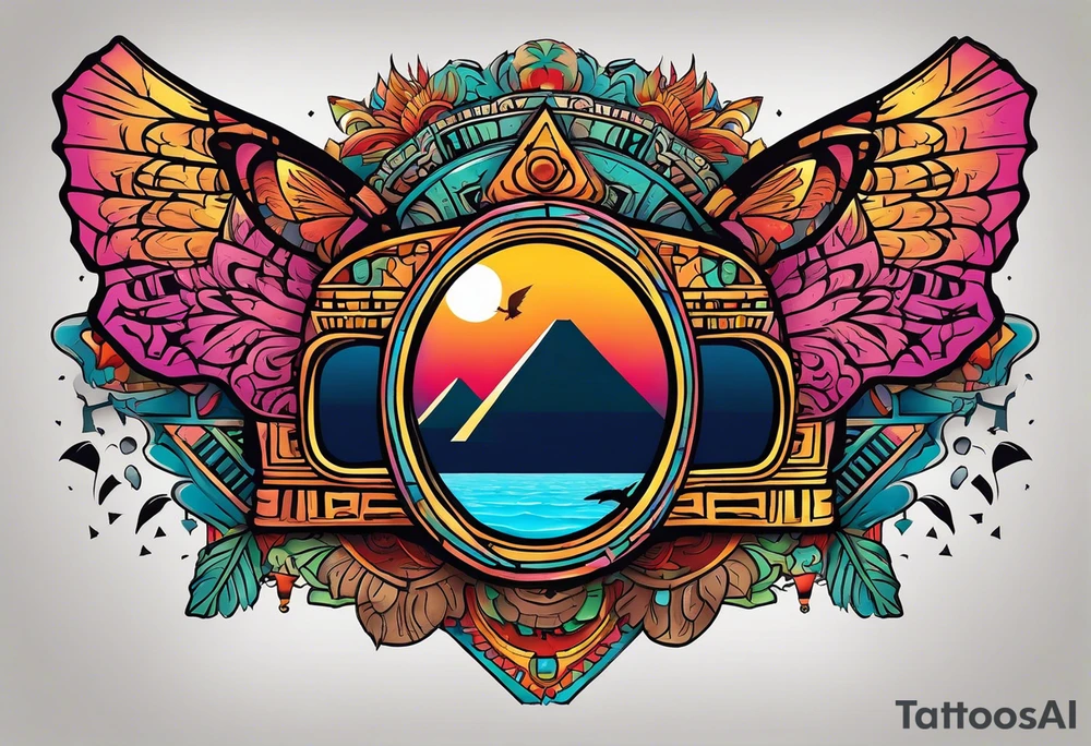 Colorful Mayan hieroglyph wearing sunglasses with reflection of Chichen Itza with bats and water and caves tattoo idea