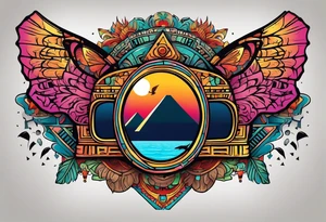 Colorful Mayan hieroglyph wearing sunglasses with reflection of Chichen Itza with bats and water and caves tattoo idea