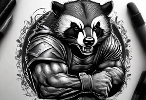 Draw me badger/wolverine with aggressive full body show, killer face with cute smile, very long nails and he attacks like a Turkish gladiator to enemy and also he has very deadly looking. tattoo idea