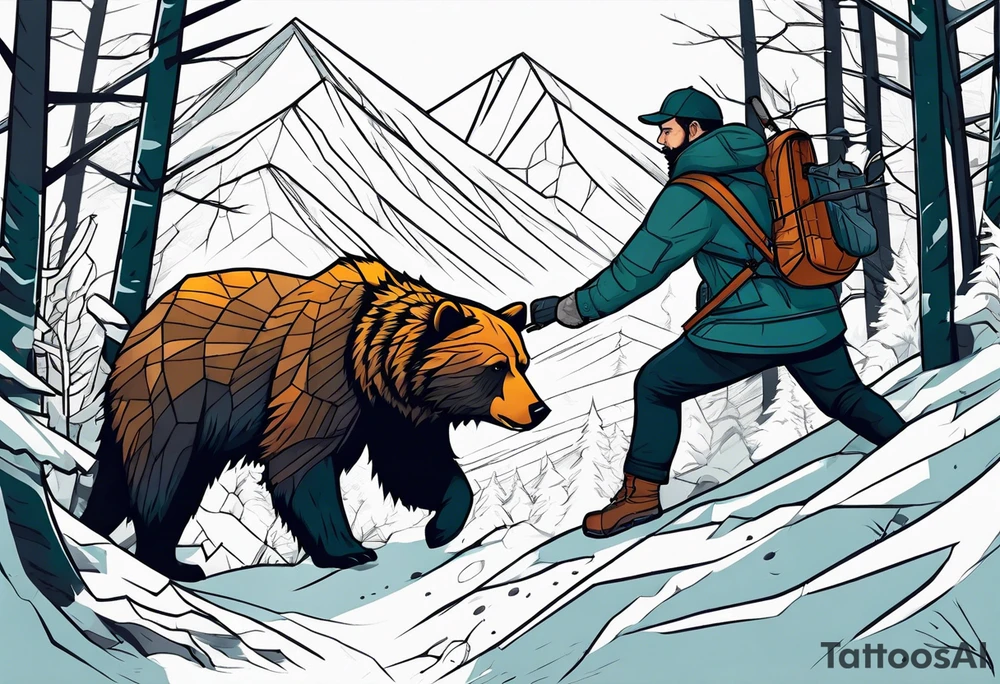 Hunter in the woods being attacked by a bear tattoo idea