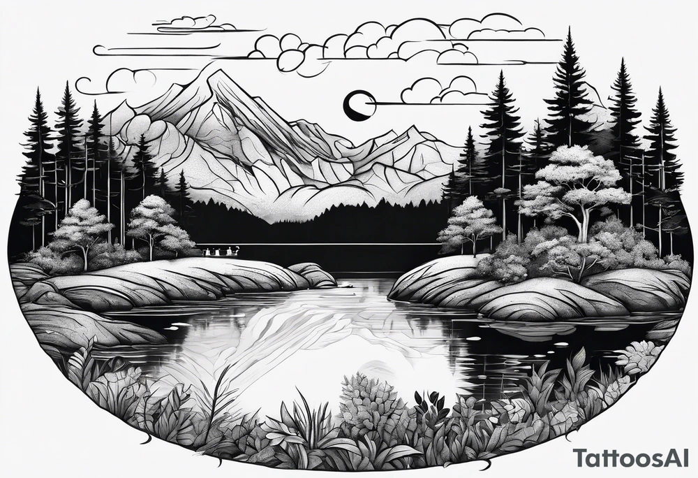 A small forest with a round lake. With a small island in the middle. On the island there a gate tattoo idea