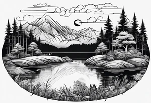 A small forest with a round lake. With a small island in the middle. On the island there a gate tattoo idea