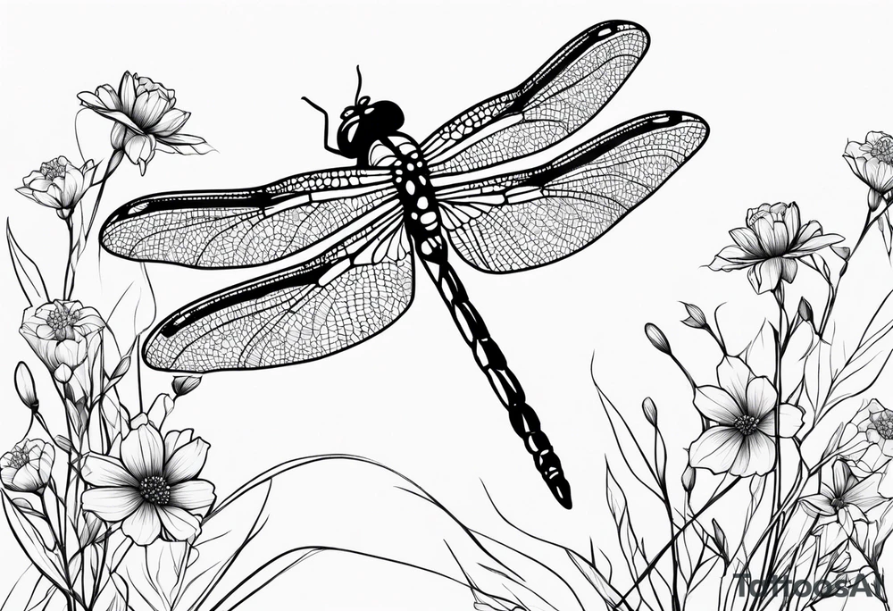 Dragonfly in flight wildflowers simplistic minimalist tattoo idea Dragonfly in flight wildflowers simplistic minimalist tattoo idea