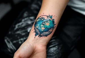 A linework planet Earth filled with watercolor splashes of turquoise, jade, and indigo rests on the inner wrist. tattoo idea