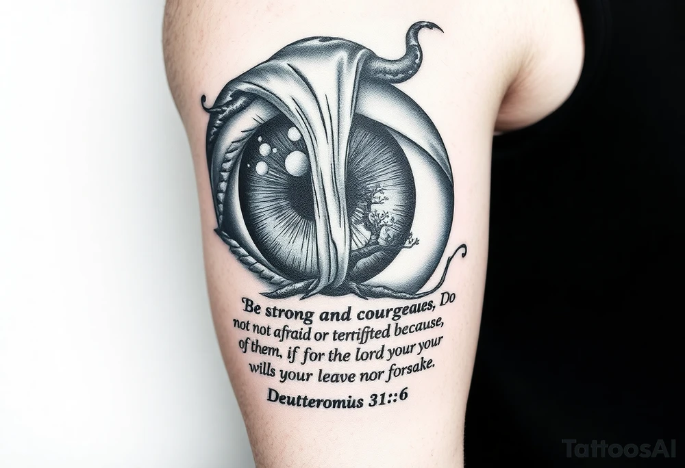 Realistic Eyeball with waterfall flowing out of it and under have a tree and under that have the verse Be strong and courageous. Do not be afraid or terrified
because of them, for the Lord your God goes with you; he will never leave you nor forsake you." Deuteronomy 31:6 tattoo idea
