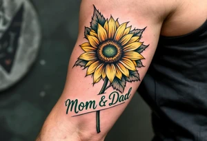 A bright sunflower in yellow and orange with “Mom & Dad” written along the stem in flowing green script. tattoo idea