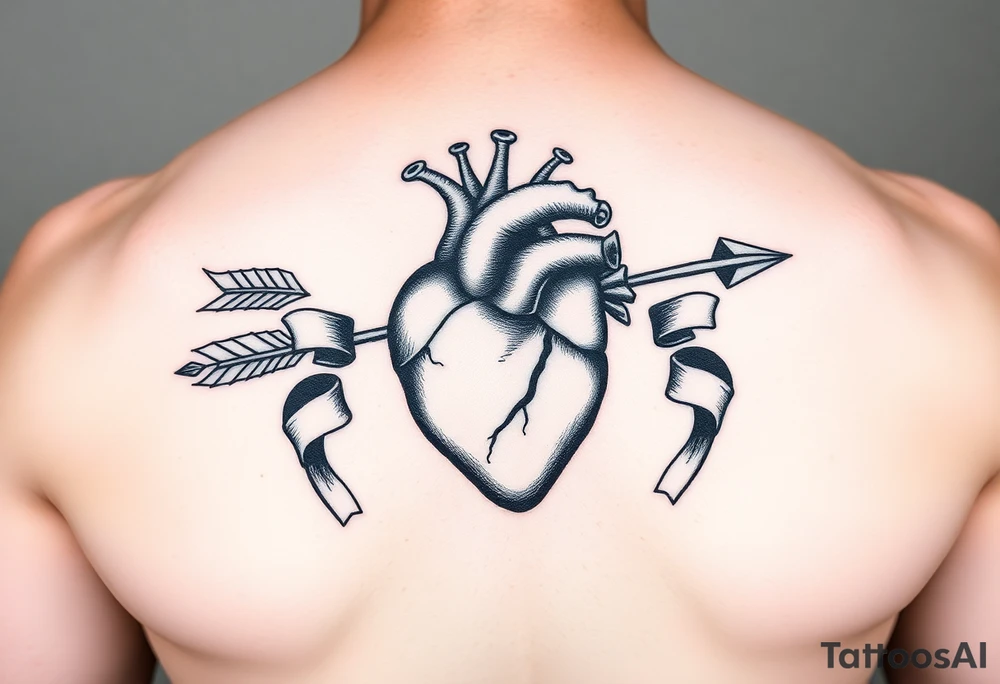 anatomical heart pierced by ornate arrow with flowing ribbons tattoo idea