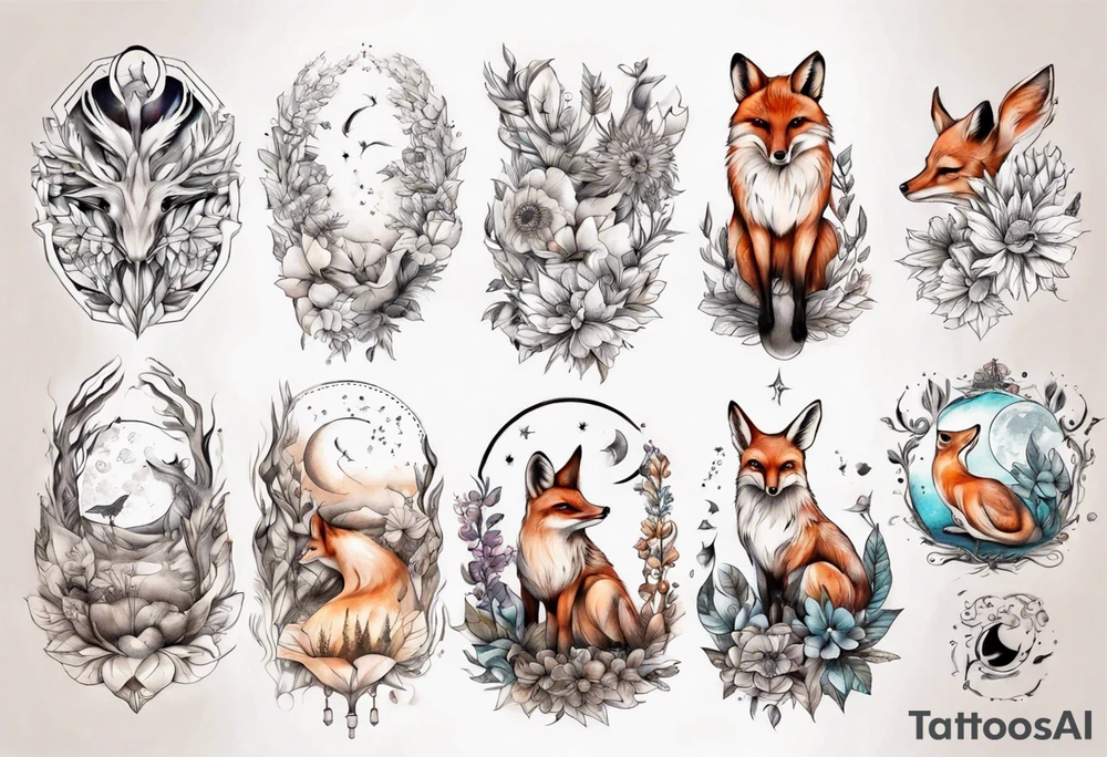 wasser sonne und mond fuchs eule kolibri wald hirsch blume des lebens tattoo idea