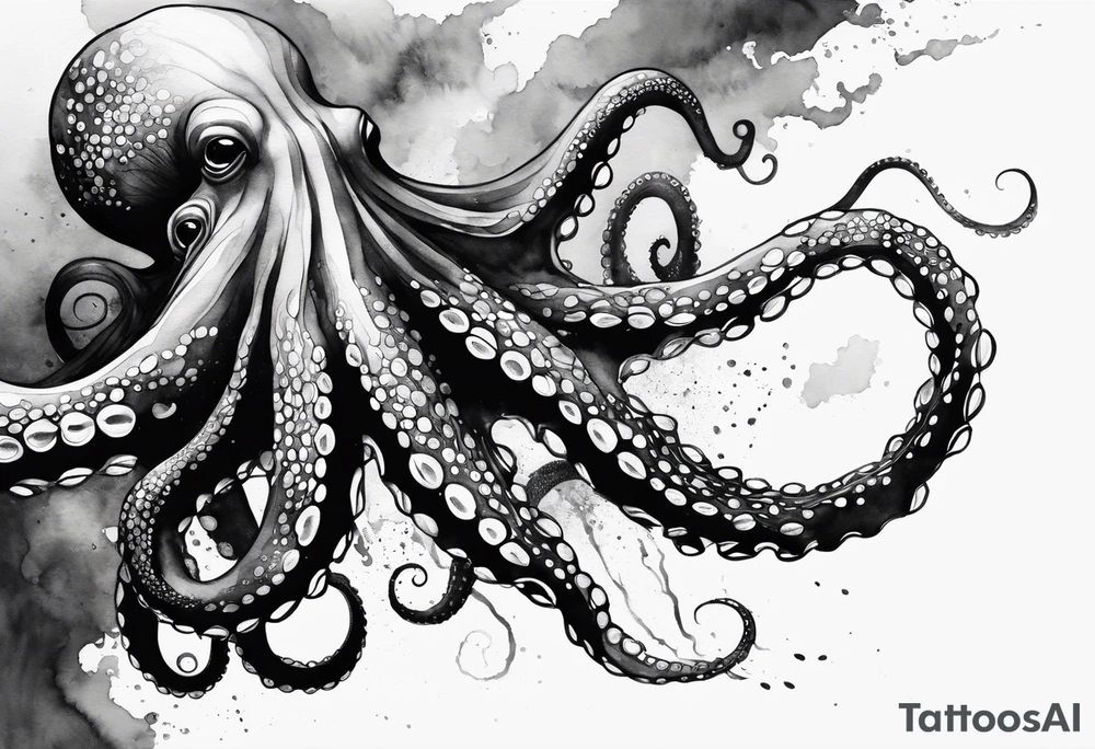 Using the watercolor technique to create a soft, flowing depiction of an octopus, with b and w that bleed outside the lines to represent the fluidity of water. tattoo idea