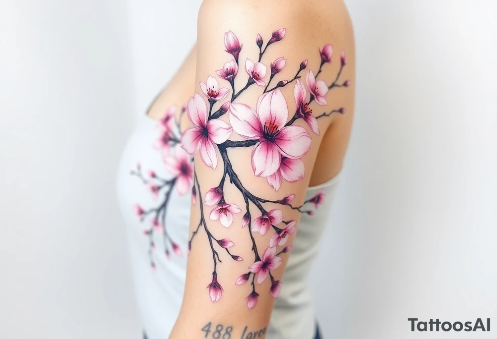 delicate cherry blossoms swirling in spring breeze with petals tattoo idea