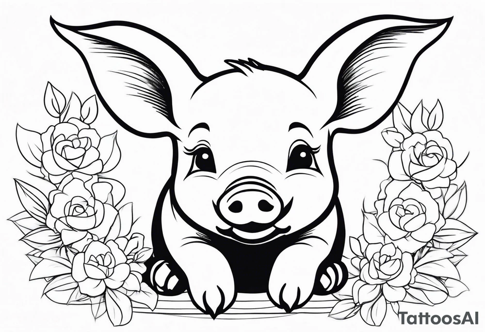 very cute happy piglet.
outline only.
black and white only.
only show the piglet. no extra lines or decoration.
no black shading.
dont make the ears too big.
draw very thin lines tattoo idea