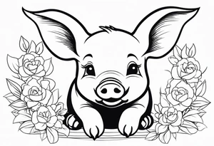 very cute happy piglet.
outline only.
black and white only.
only show the piglet. no extra lines or decoration.
no black shading.
dont make the ears too big.
draw very thin lines tattoo idea