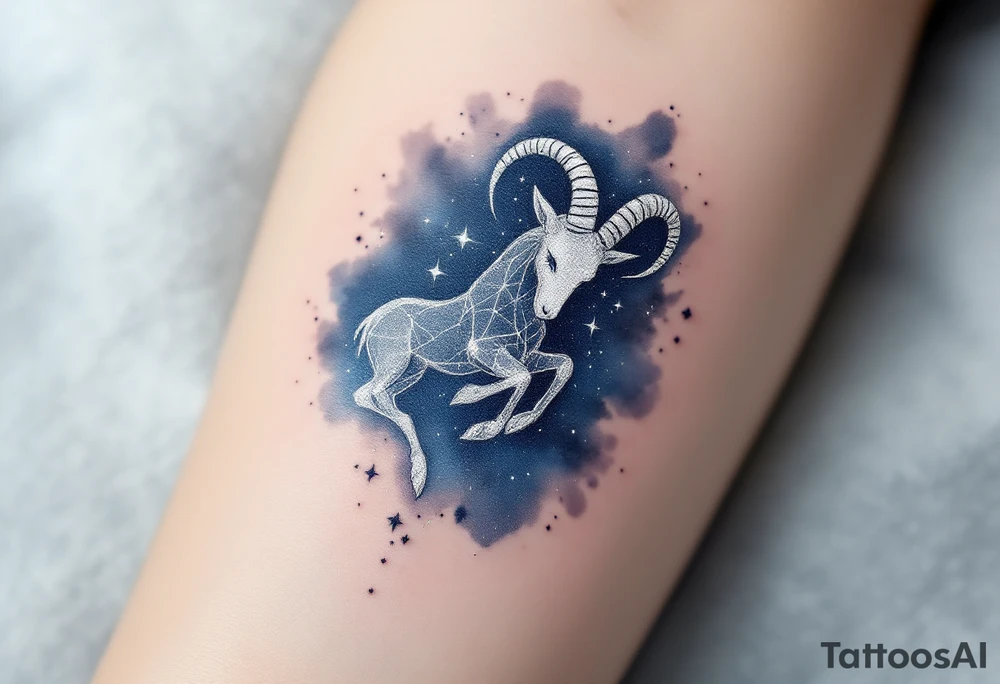 A shimmering silver Capricorn constellation with a soft navy watercolor background captures the zodiac’s grounded mystery. tattoo idea