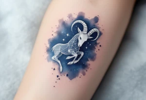 A shimmering silver Capricorn constellation with a soft navy watercolor background captures the zodiac’s grounded mystery. tattoo idea
