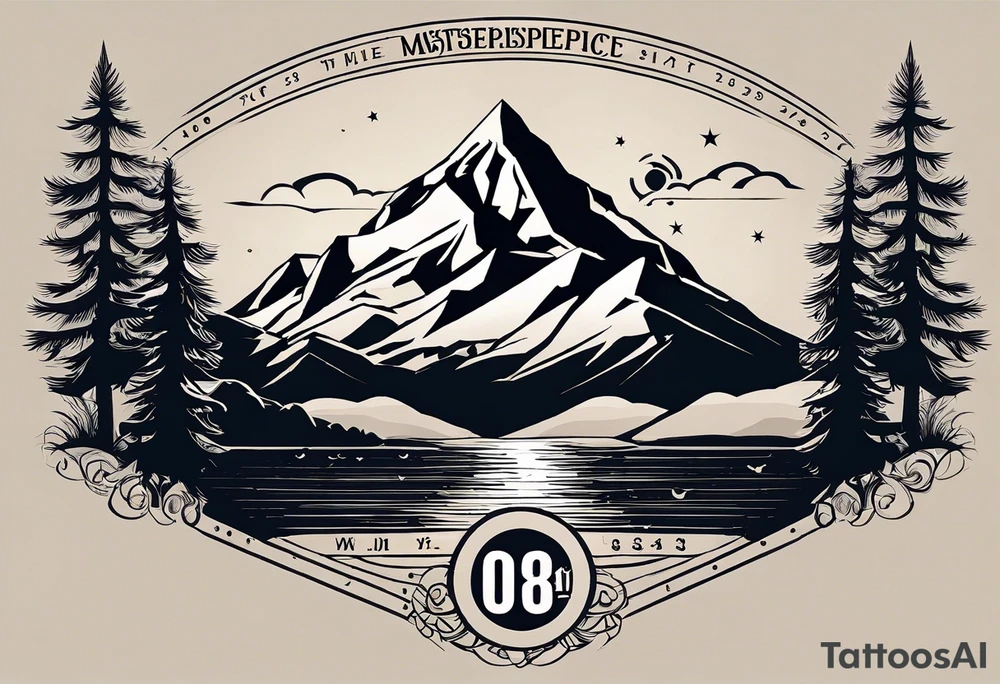 Let the coordinates 35.331° N, 33.429° E be written, next to it should be a mountain, sun, sea and tree icon, the letters of the coordinate should be capitalized and the numbers next to it should be written from top to bottom. tattoo idea