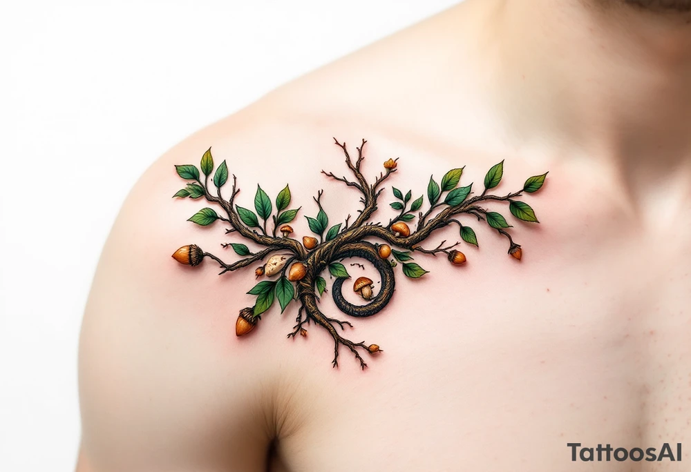 A nature-inspired design in earthy greens, browns, and golds, resembling intertwined vines or tree roots. The spirals can be adorned with tiny leaves, acorns, or even mushrooms, symbolizing growth, connection, and renewal. tattoo idea