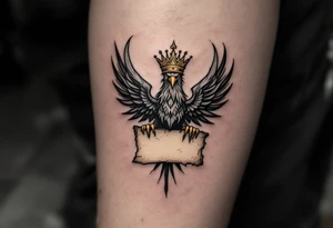 The Silesian eagle with golden crown gripping an ancient parchment slightly burnt, giving it an aged and mystical appearance. tattoo idea