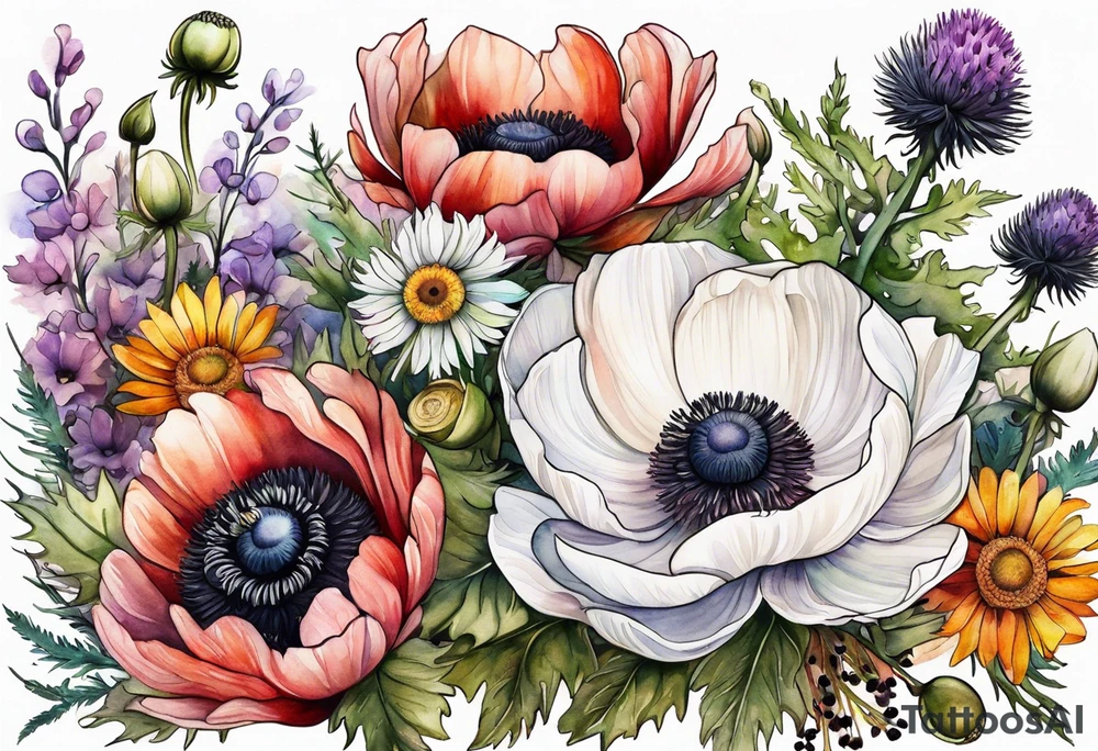 white anemone with black center in the middle of wildflowers with thistles, ferns, ranuculus, sun flowers, mixed color flowers and different shapes all in watercolor tattoo idea