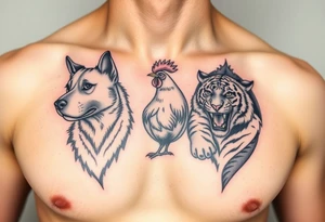 chest tattoo of dog and rooster and tiger together tattoo idea