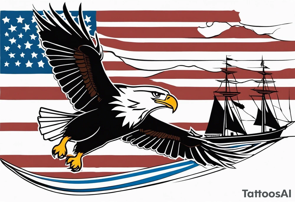 eagle flying in front of ship holding American flag in beak tattoo idea
