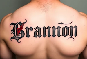 Old English lettering with red bandana accents spelling Brannon tattoo idea