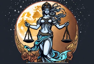 Themis holding the scales of justice while blindfolded with a moon in the background in color tattoo idea