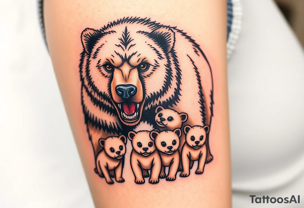 A detailed grizzly bear fiercely growling, facing outward with detailed brown eyes standing over 4 cubs 3 girls and a boy. tattoo idea