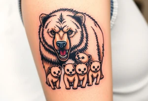 A detailed grizzly bear fiercely growling, facing outward with detailed brown eyes standing over 4 cubs 3 girls and a boy. tattoo idea