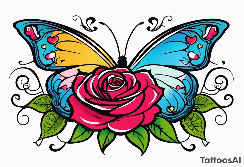 Roses with butterflies and hearts tattoo idea