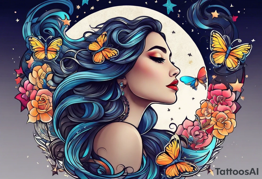 Beautiful woman with butterflies in her long wavy hair sitting on a half moon, with a moon and star background tattoo idea