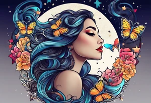 Beautiful woman with butterflies in her long wavy hair sitting on a half moon, with a moon and star background tattoo idea