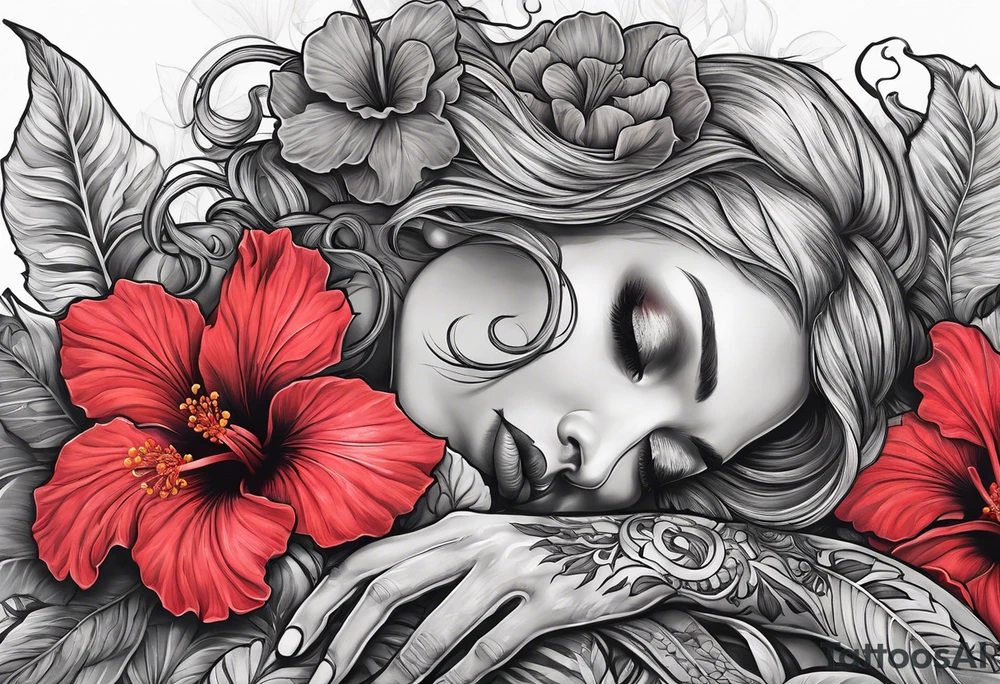 a  female skeleton laying in a bed of hibiscus flower. tattoo idea
