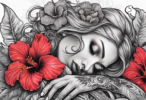 a  female skeleton laying in a bed of hibiscus flower. tattoo idea