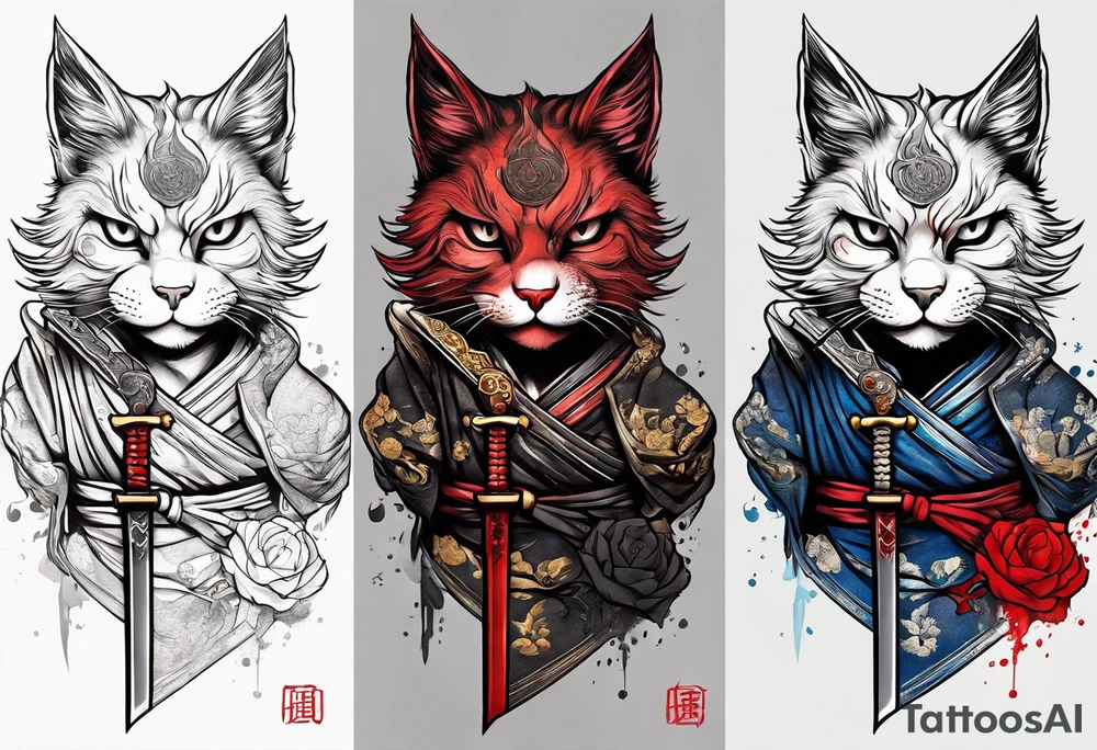 A bloody Samurai cat holding a sword tattoo idea