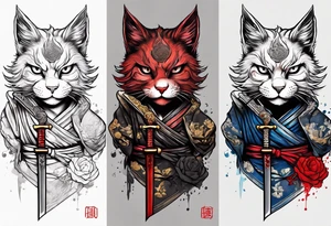 A bloody Samurai cat holding a sword tattoo idea