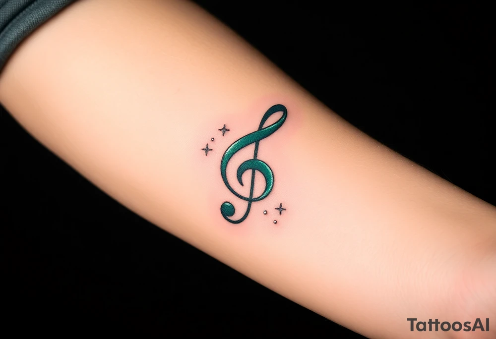 A forest green treble clef with subtle silver accents, surrounded by delicate sparkles tattoo idea