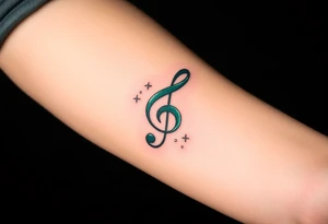 A forest green treble clef with subtle silver accents, surrounded by delicate sparkles tattoo idea