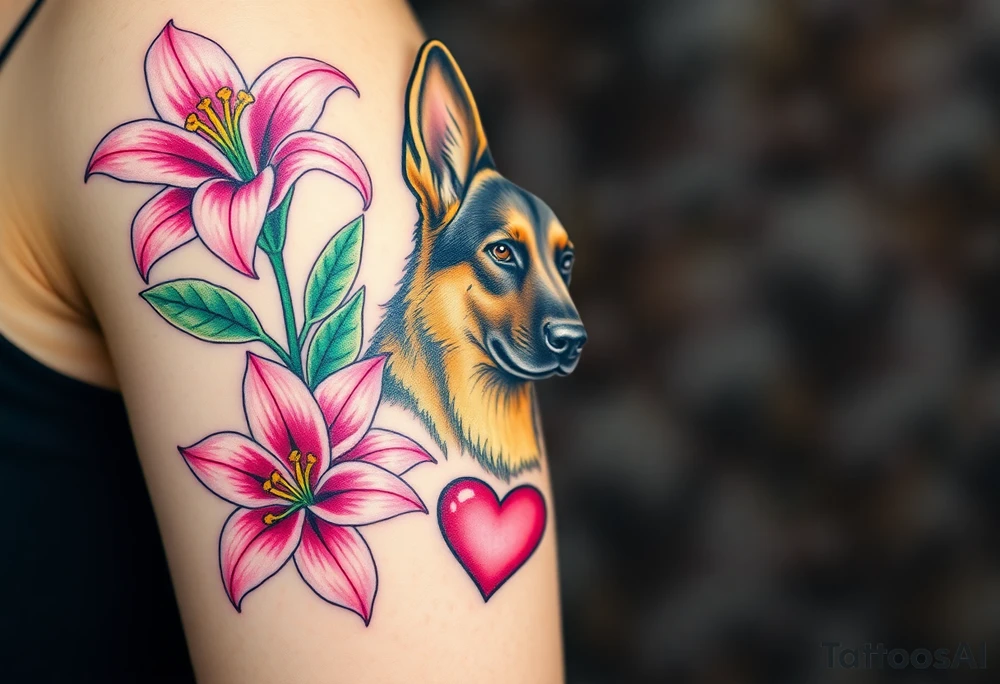 strong short haired german shepherd with alert ears surrounded by pink lilies with large leaves with a small sacred heart below tattoo idea