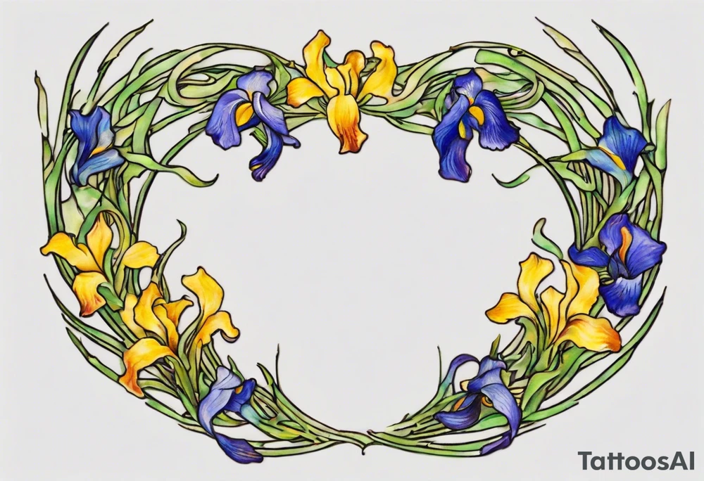 Create a small colorful Vincent van Gogh Irises tattoo in the form of a crescent, with vines gracefully intertwining at a central point in the middle of the wreath. The intended placement is on the upper chest. The overall design should be small in size while maintaining a delicate and artistic aesthetic. Pay attention to the graceful flow of the vines and the placement of the irises to achieve a refined and elegant look. tattoo idea