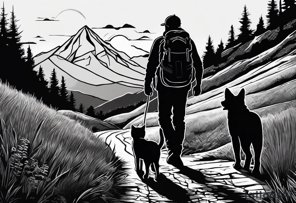 nature, sunset, mountains, a father and son hiking with their dog and cat and a cross tattoo idea