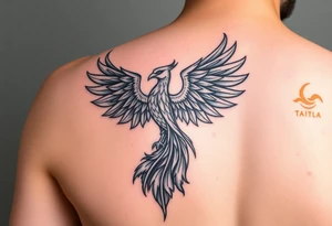 Side arm tattoo with the phoenix rising from the ashes linked with libra sign and based on discipline and the help of God.Geometric and abstract style tattoo idea
