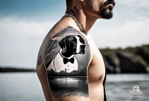 Arm sleeve for man with Great Dane (Full Tuxedo Color and floppy ears) standing proudly chest up on a rock in front of a body of water tattoo idea