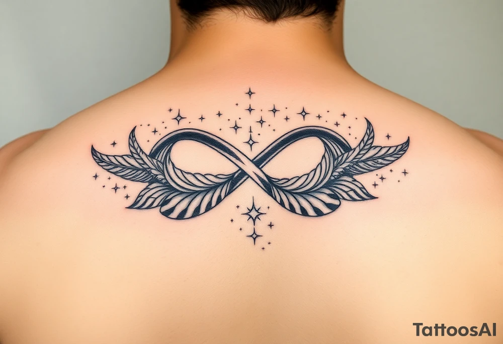 infinity symbol woven with floating feathers and stardust tattoo idea