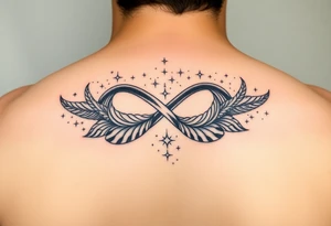infinity symbol woven with floating feathers and stardust tattoo idea