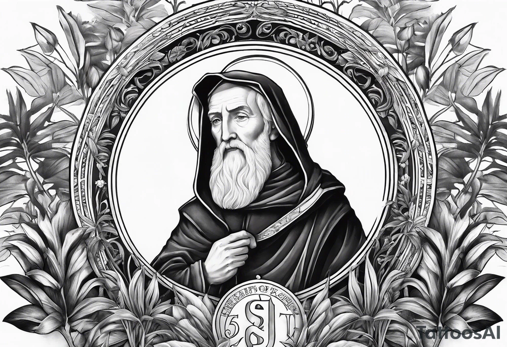 full arm sleeve tattoo with the medal of St. Benedict surrounded by jungle plants tattoo idea