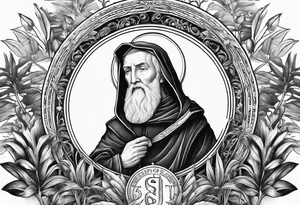 full arm sleeve tattoo with the medal of St. Benedict surrounded by jungle plants tattoo idea