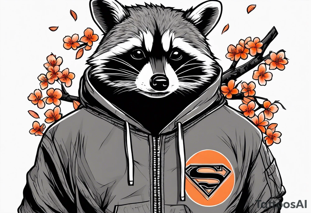 raccoon wearing a black and white Superman hoodie and orange Japanese cherry blossoms tattoo idea