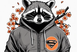 raccoon wearing a black and white Superman hoodie and orange Japanese cherry blossoms tattoo idea