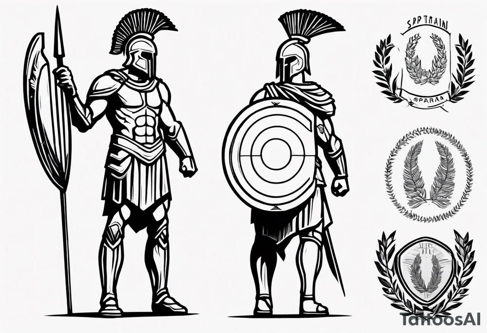 rectangular landscape format ultra-fine line linework vector of a spartan from the side, spartan spear, spartan shield, laurel wreath tattoo idea