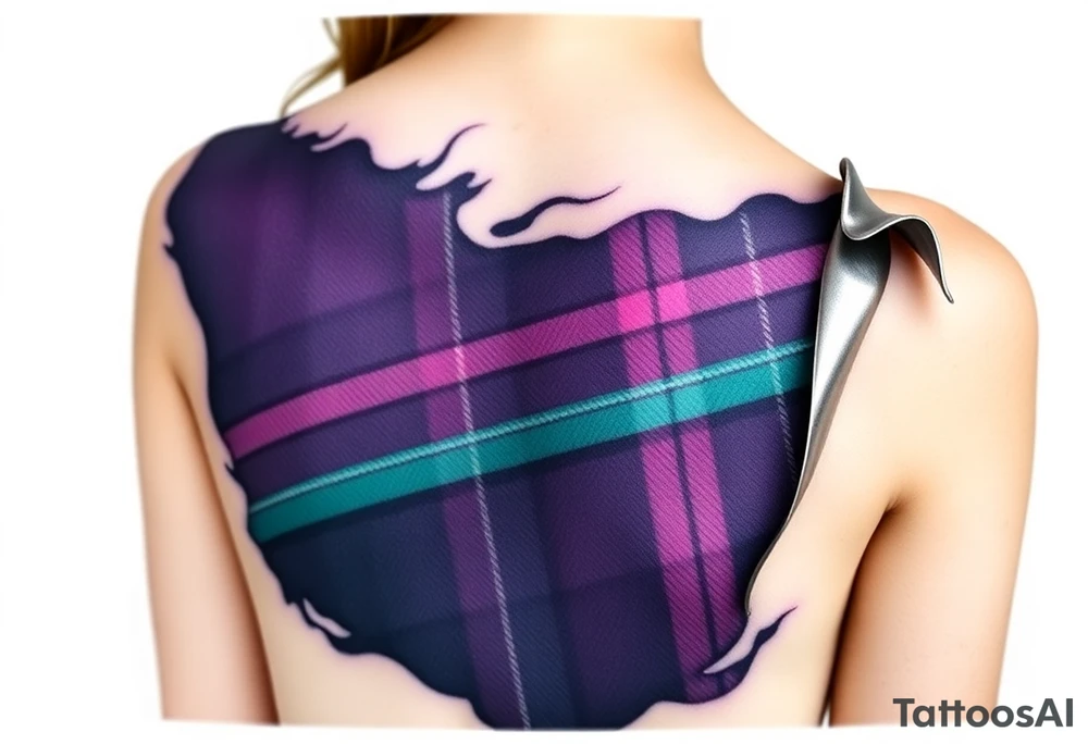 Chest 
Dark Purple with green pink blue and white highlights tartan fabric with skin around edges peeling and wrapping around side of shoulder tattoo idea